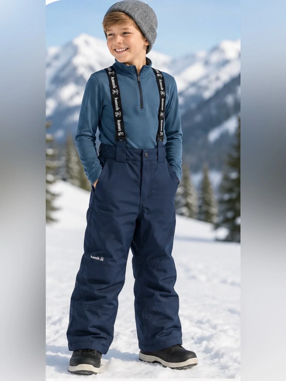 Kamik Kids Navy Snow Pants with Black Branded Suspenders